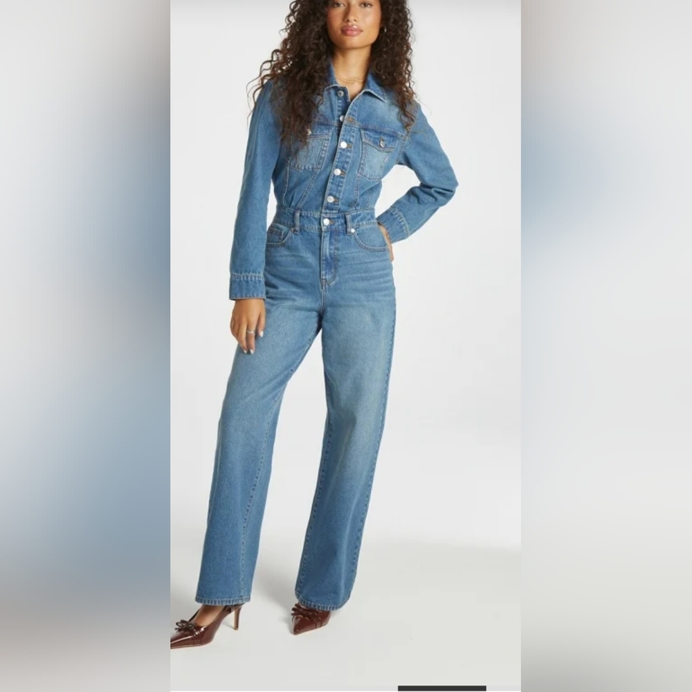 Denim Jumpsuit - Blue High-Waist Wide-Leg